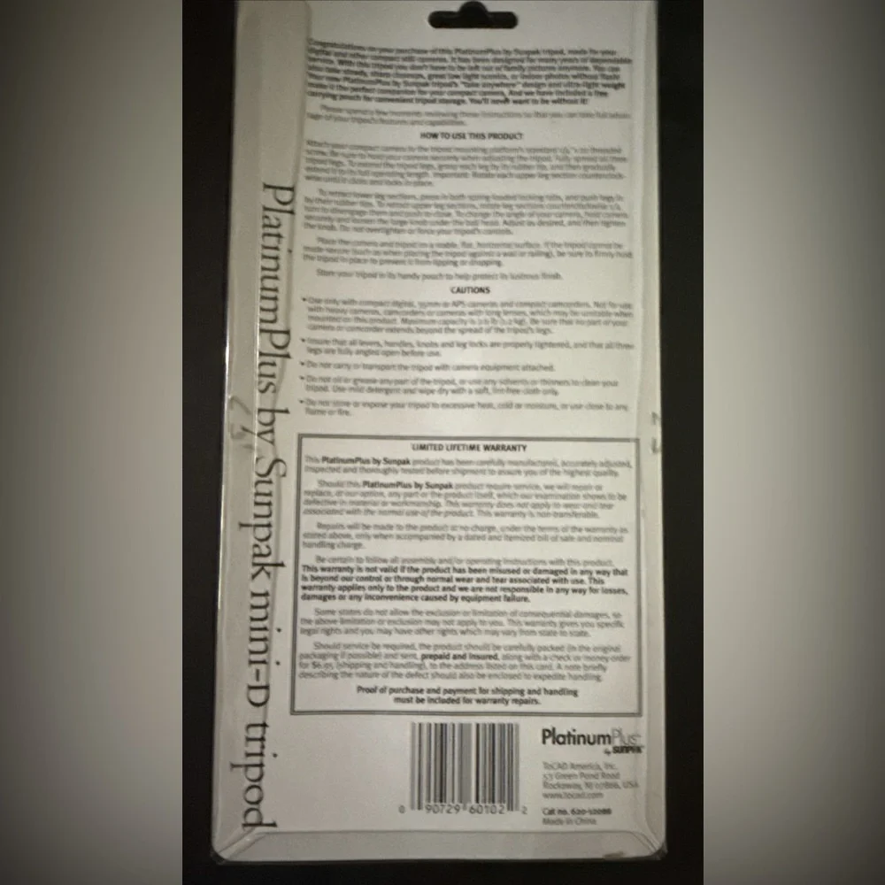 Sunpak Platinum Plus Mini D Tripod for digital cameras 11.5”. Brand new.